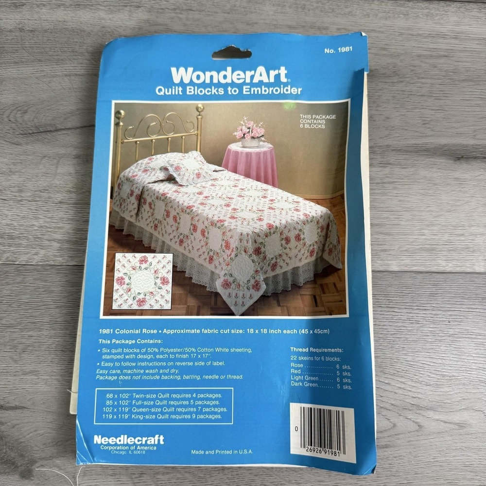 VTG WonderArt 1981 Colonial Rose Floral Quilt Blocks Cross Stitch Kit 18x18 OPEN